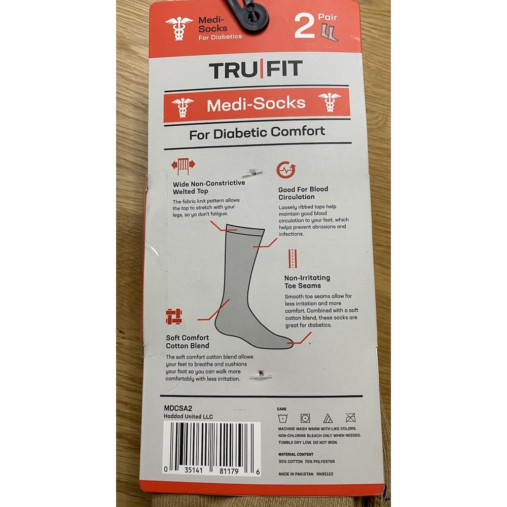 2 Packs Medi Socks Tan Diabetic Crew Socks Size Mens Sock 10-13 New Cotton Blend - Picture 3 of 3
